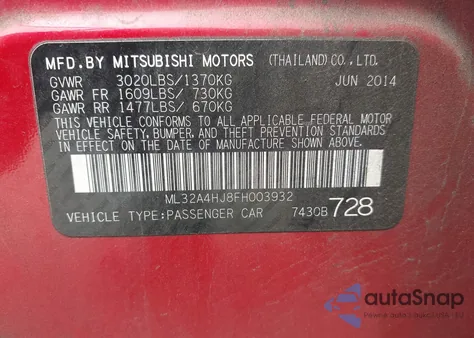 2015 Mitsubishi Mirage Es from USA, damaged, VIN ML32A4HJ8FH003932
